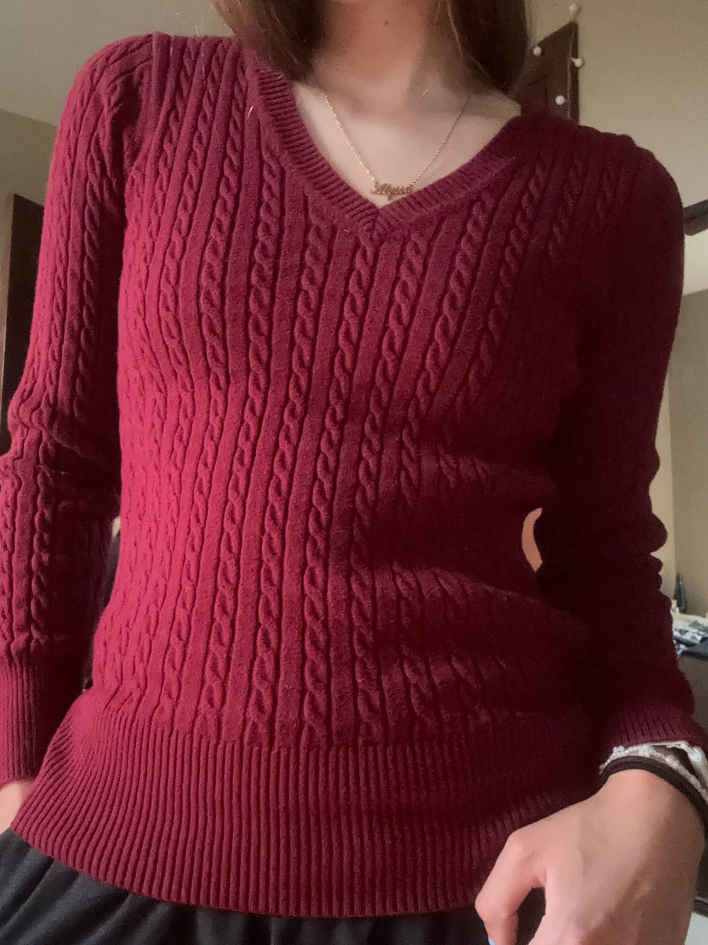 Eddie Bauer Cable Knit V-Neck Sweater - Burgundy